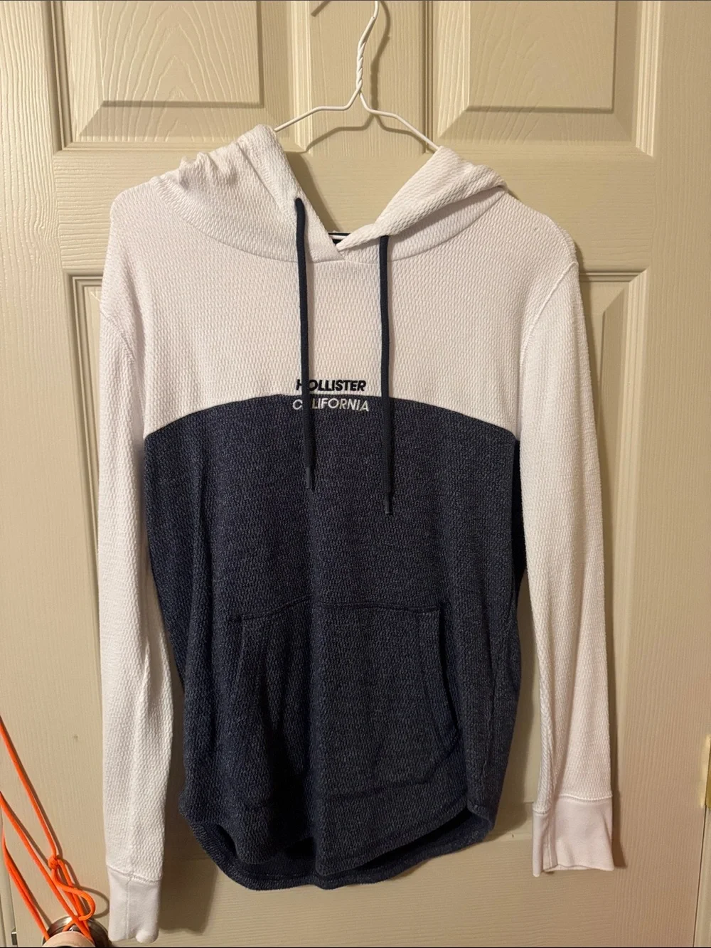 Hollister White and Navy Two-Tone Hooded Knit Pullover